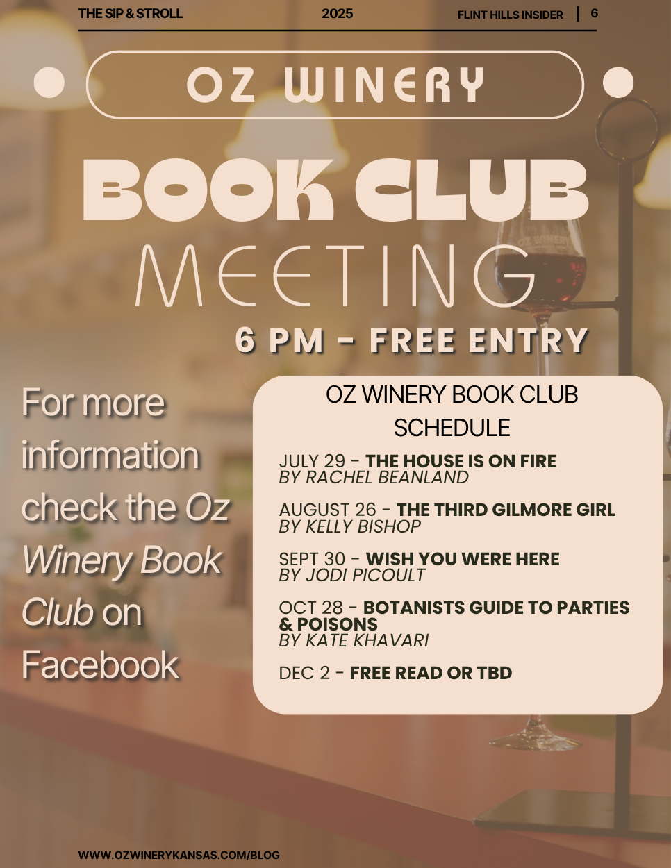 Oz Winery Book Club. Monthly Book Club Meeting. Schedule and list of dates for 2025 for book club.
What's happening in Wamego Kansas.