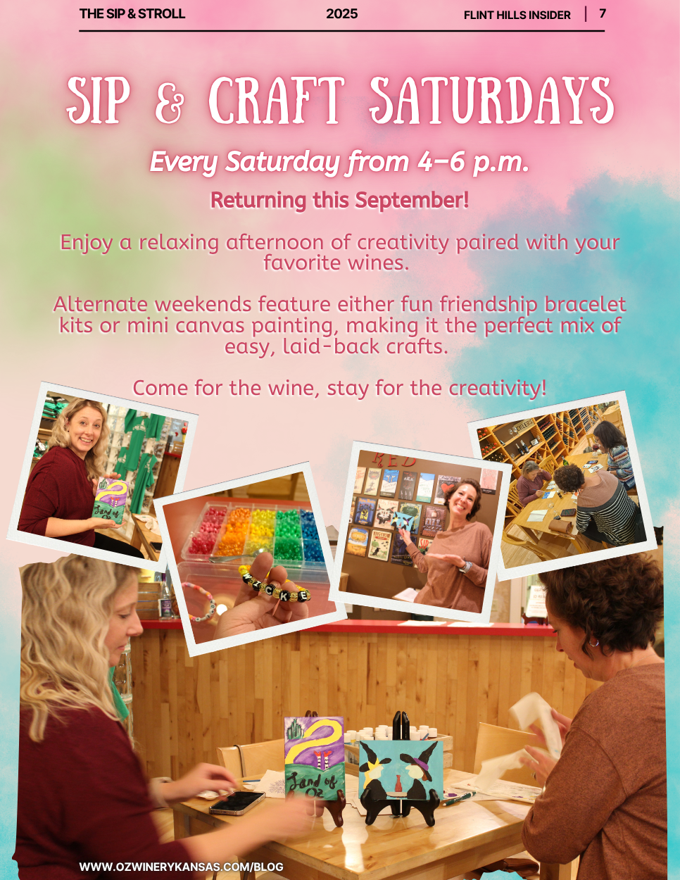 Sip & Craft Saturdays September. Paint and Sips, friendship bracelets, candle crafting, crochet class.
What's happening in Wamego Kansas.
