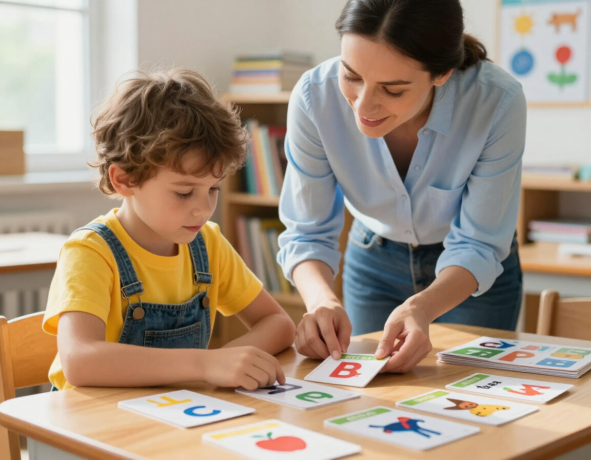 Tutor teaching phonics with hands-on learning tools