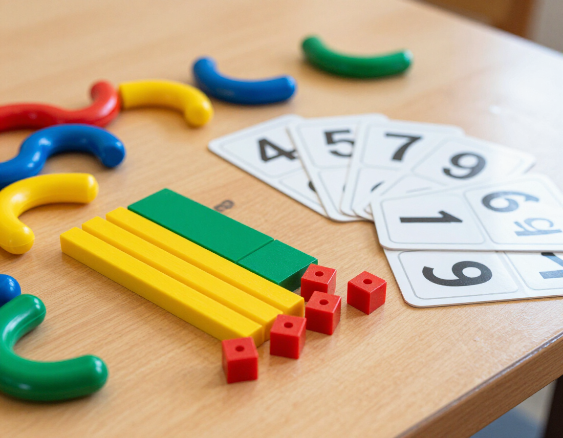 Math manipulatives and number cards on a tutoring table