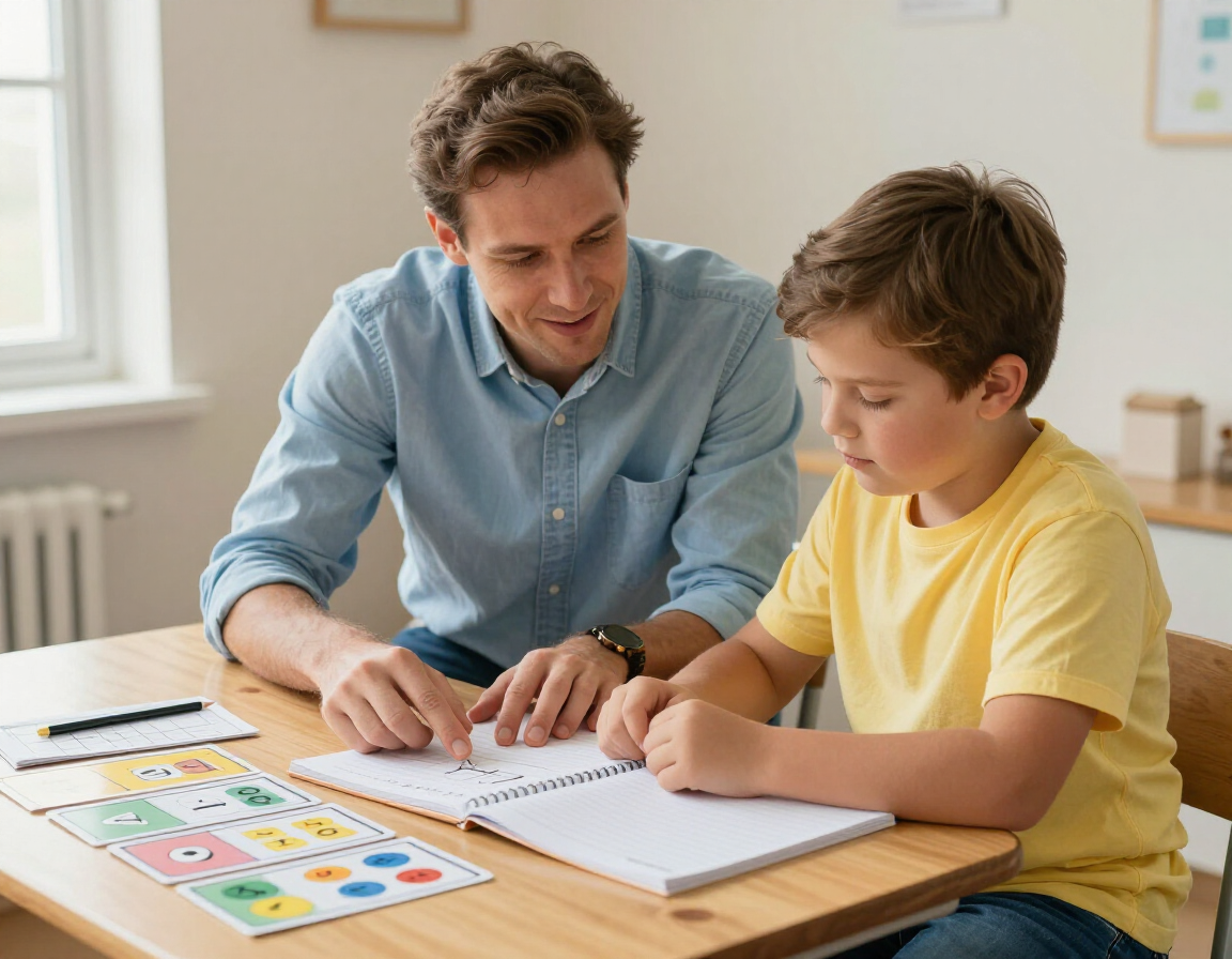 Supportive tutor working patiently with a child