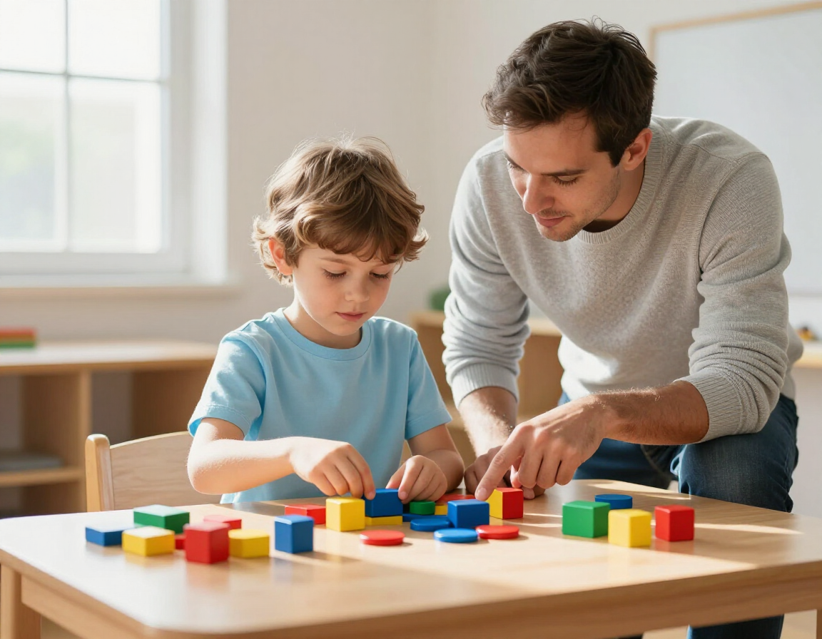 Child using math blocks with tutor guidance
