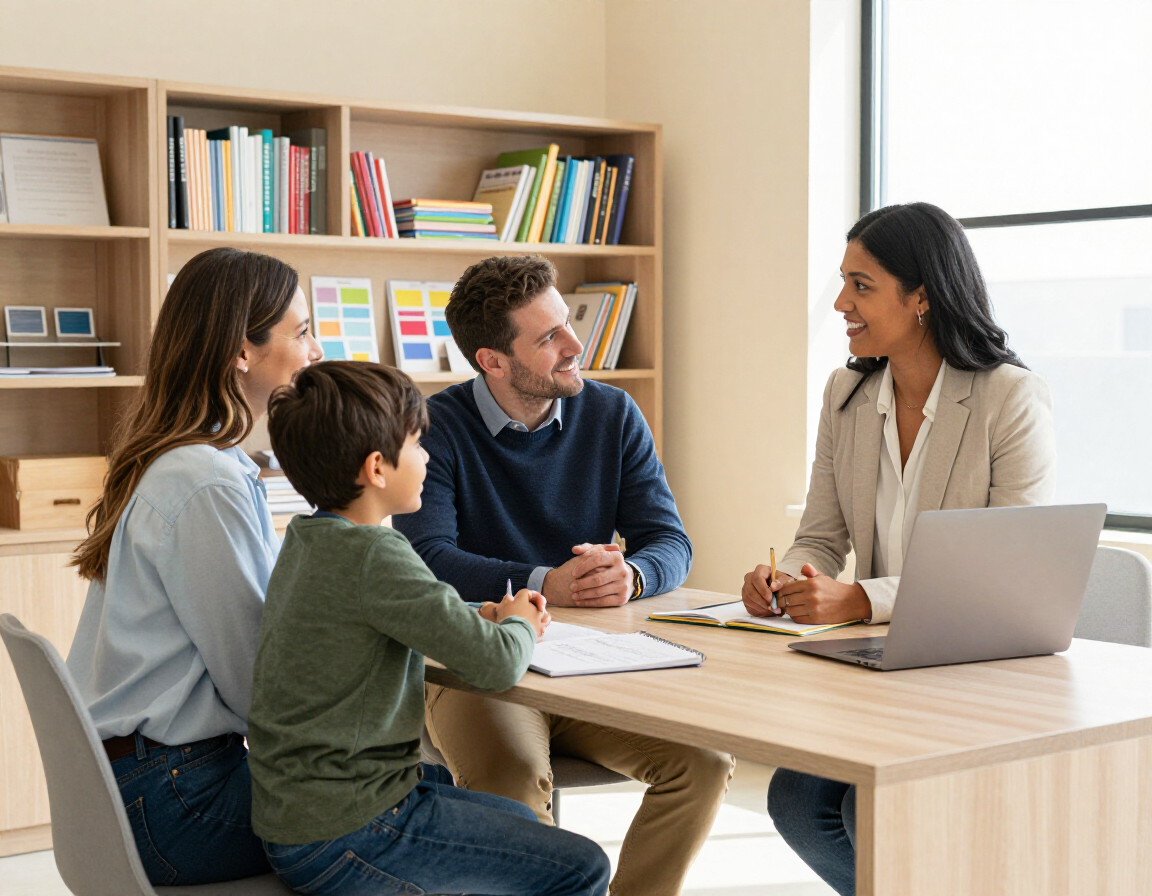 Family meeting with a tutor in a professional office