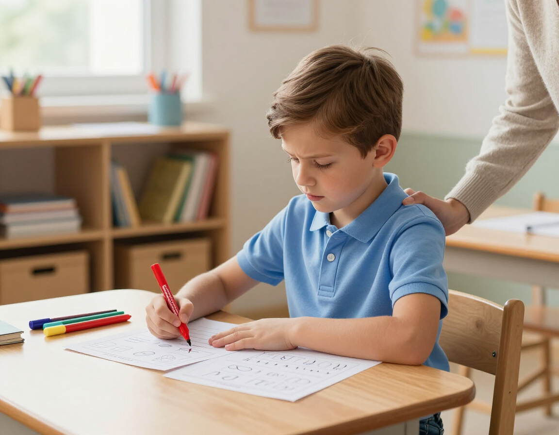 Elementary student practicing with worksheet and markers