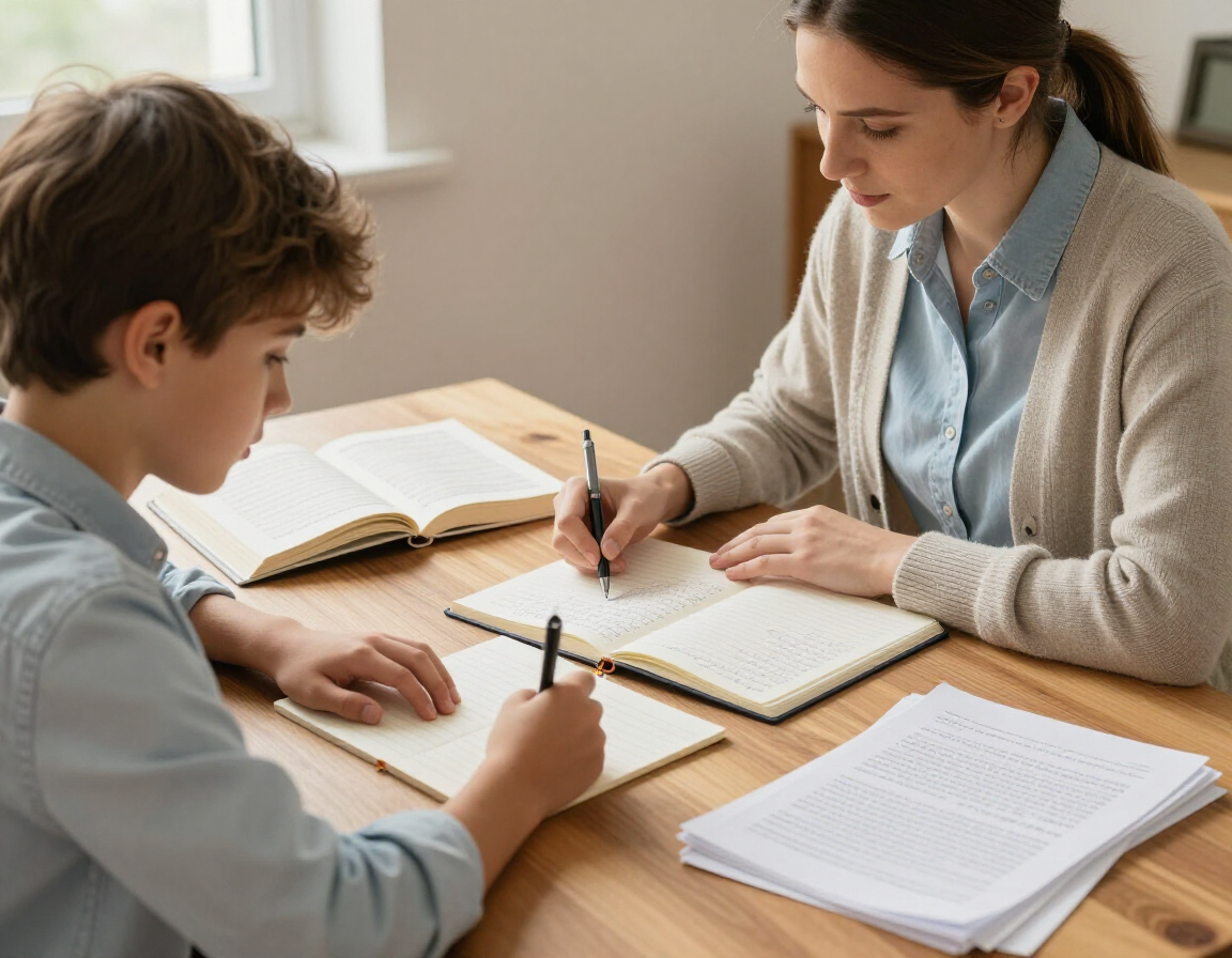 Student practicing handwriting and sentence building