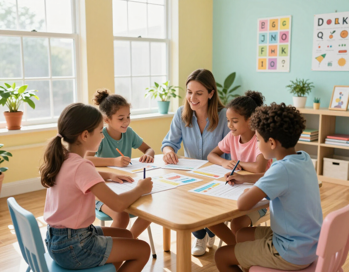 Students and tutor sharing worksheets in a learning space