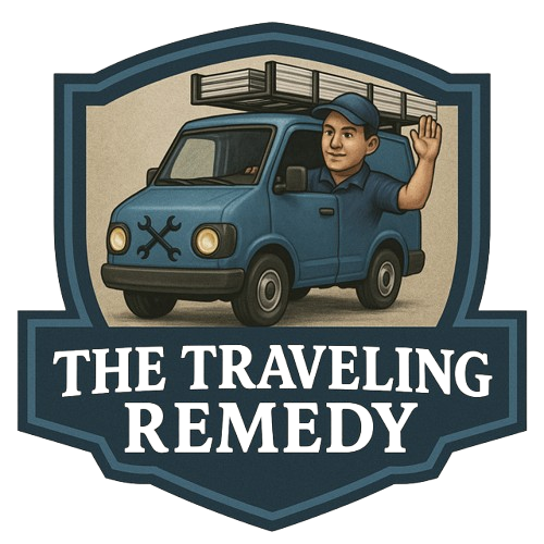 Blue van with driver waving; 