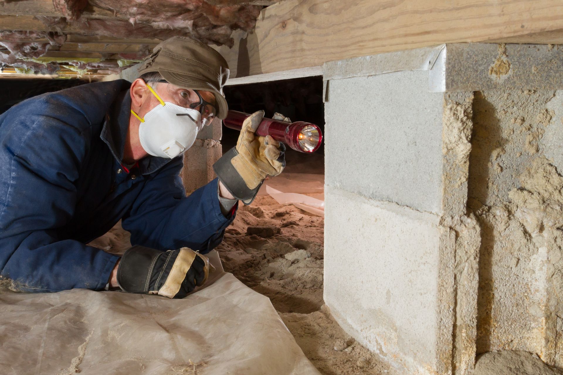 Home inspector checks for water leaks in residential crawl space during waterproofing inspection.