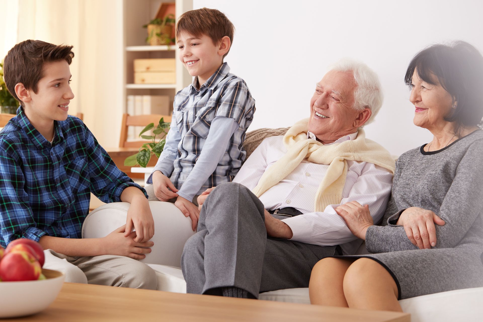Family sitting on a sofa, smiling. Two boys talking to an older couple in a living room.