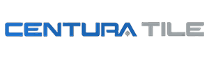 Le logo de centura tile est bleu et argent sur fond blanc.