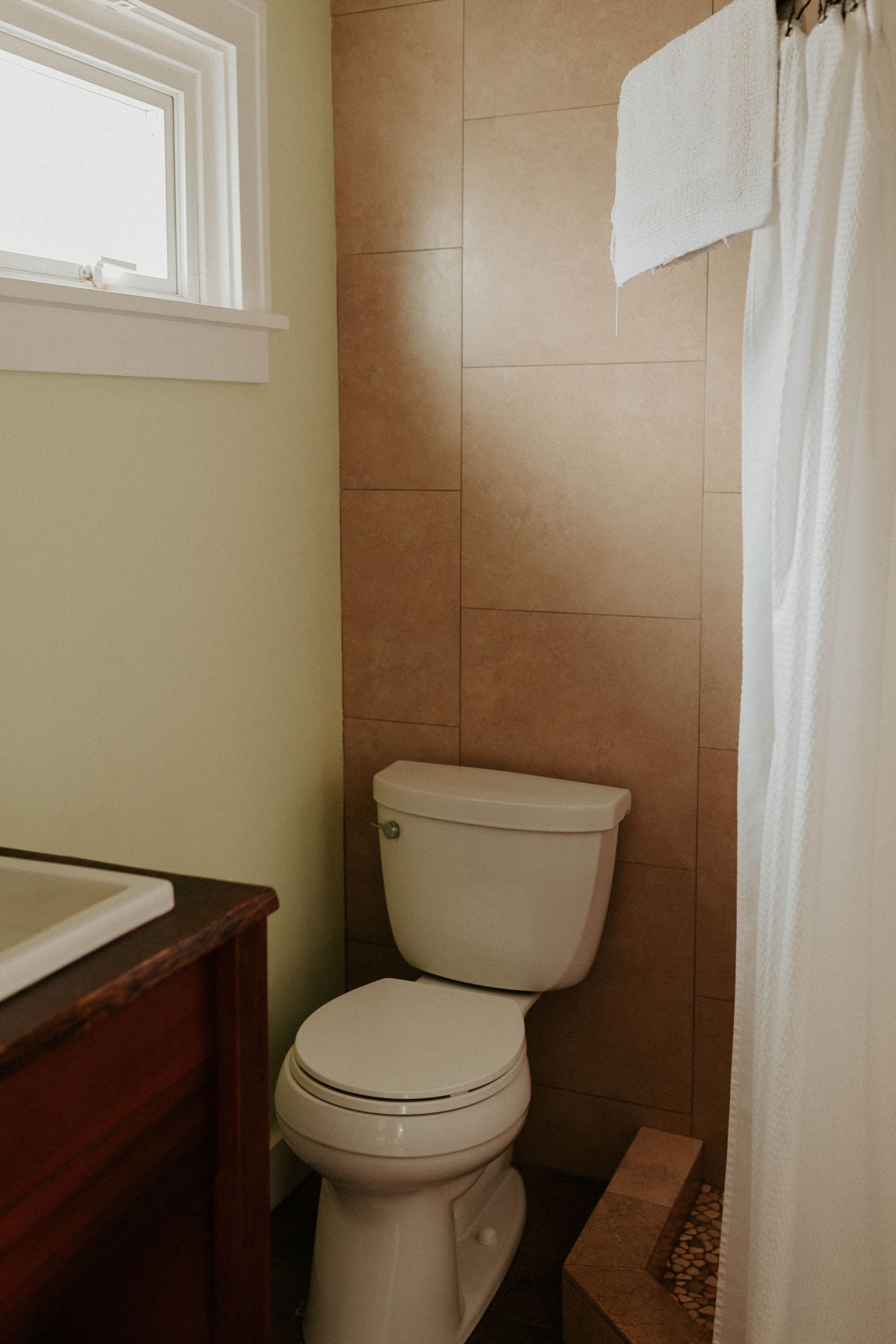 A bathroom with a toilet , sink and shower curtain.