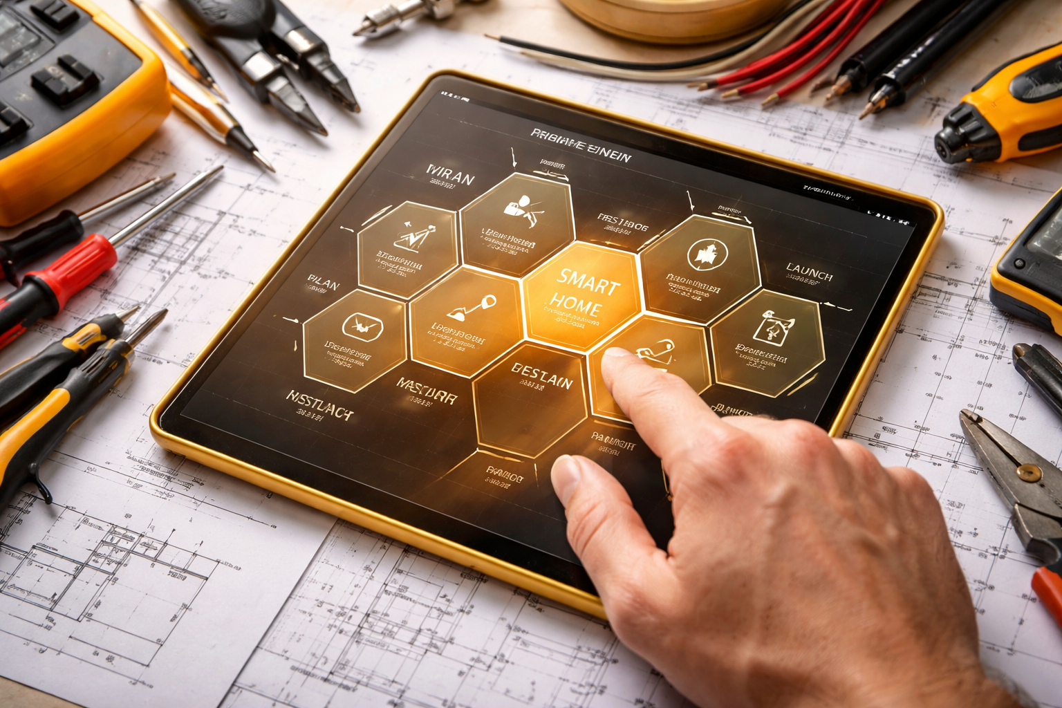 Person using a tablet to design a house with color swatches and samples on a table.