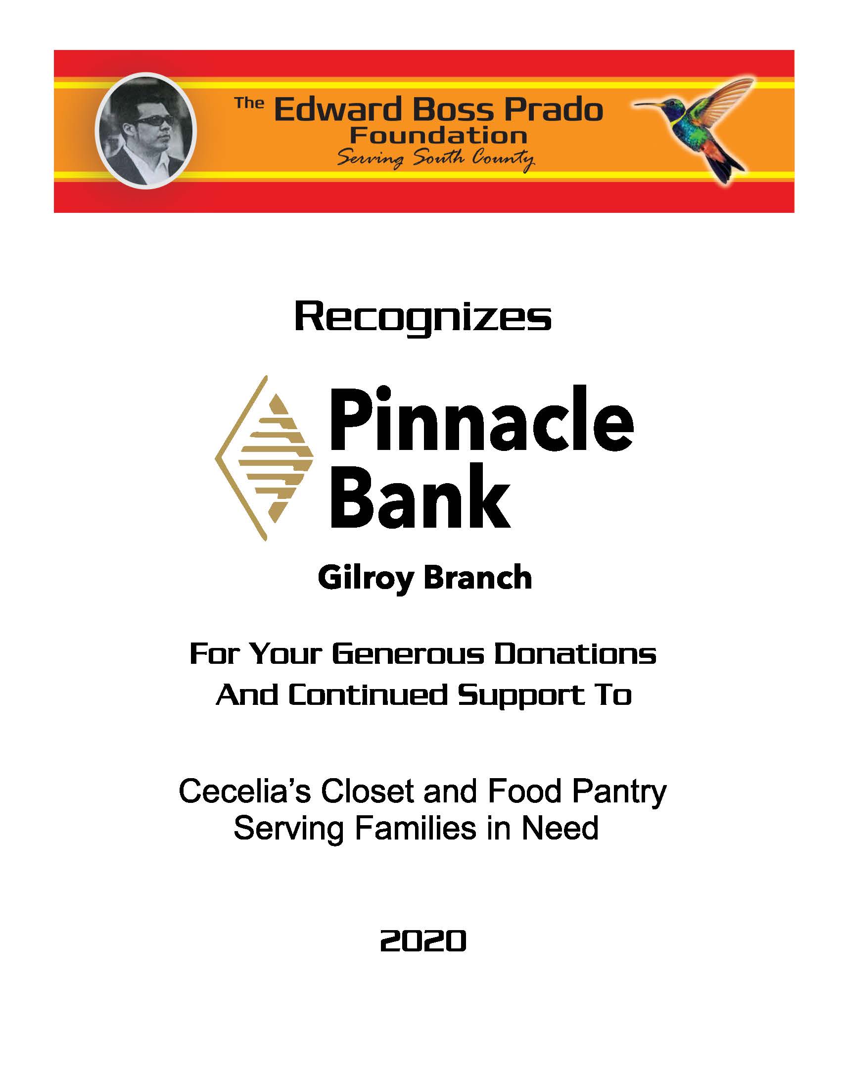 Pinnacle Bank Gilroy Branch recognition