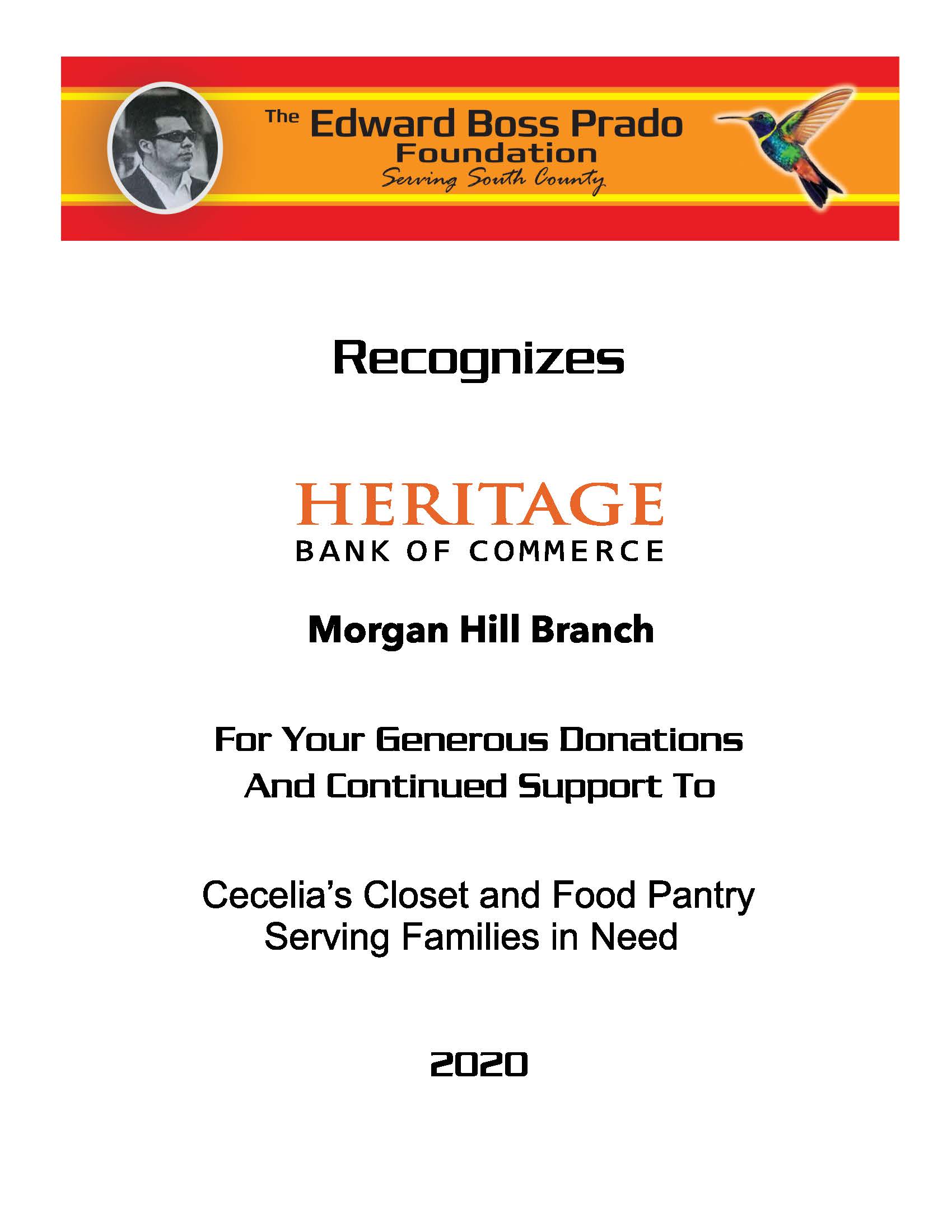 Heritage Bank Morgan Hill Branch recognition