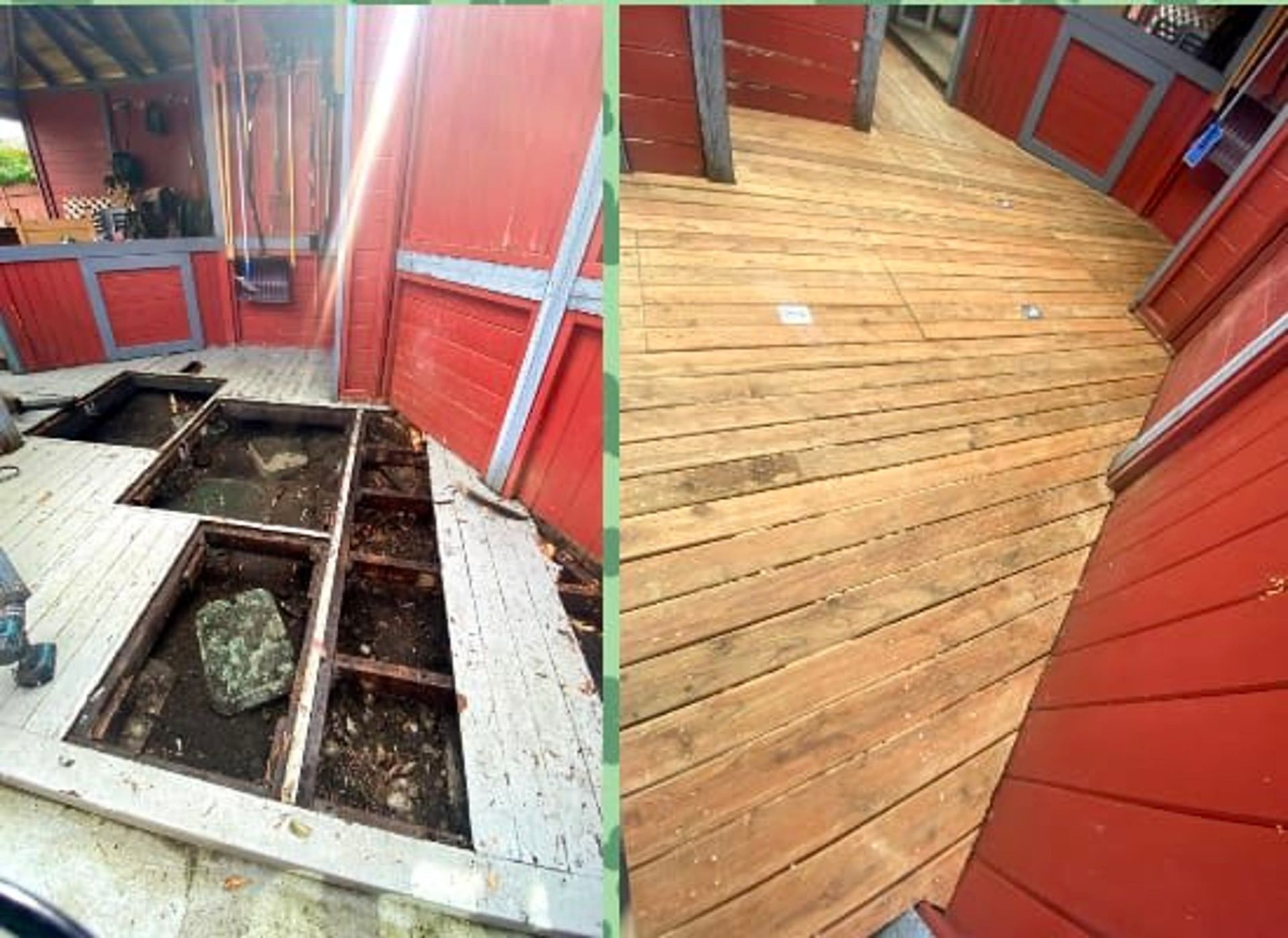 Split view of a red wooden deck: one section exposed with missing floorboards, one newly repaired.