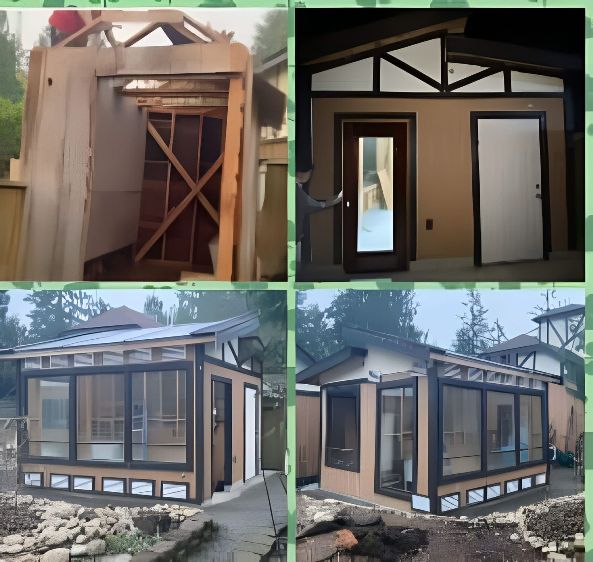 Small modern house exterior shown in four views, with wood framing, black trim, and large windows.