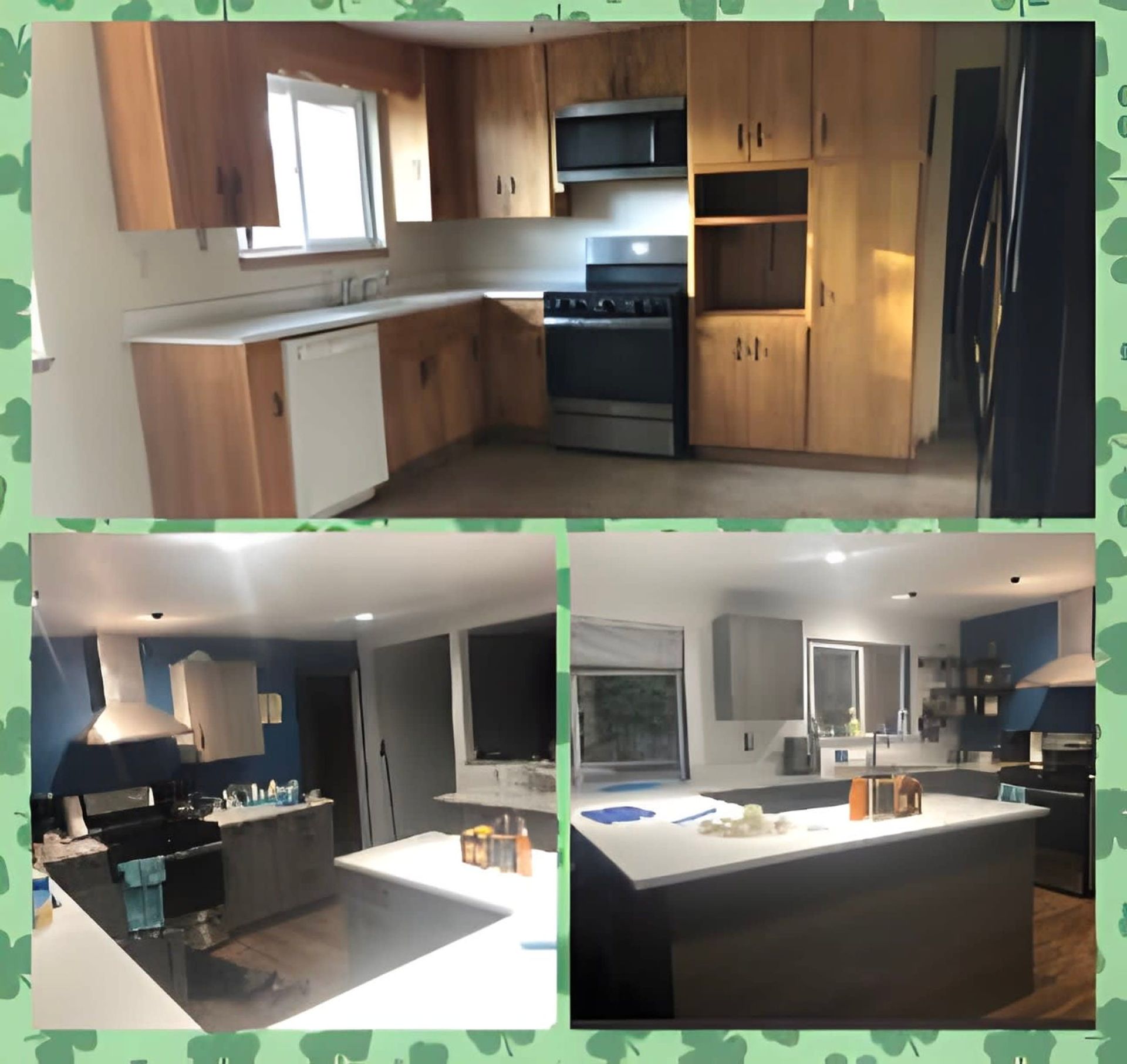 Collage of a kitchen remodel showing wood cabinets, black appliances, and a white island countertop