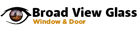 Logo of "Broad View Glass" with an eye graphic, window and door text below.
