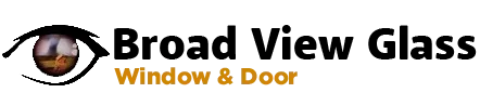 Logo of "Broad View Glass" with an eye graphic, window and door text below.