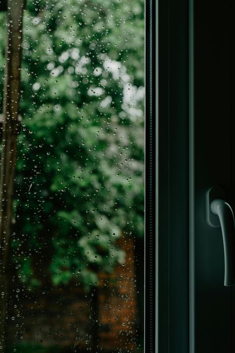 Raindrops on a window pane, overlooking blurred green trees. White window handle visible.