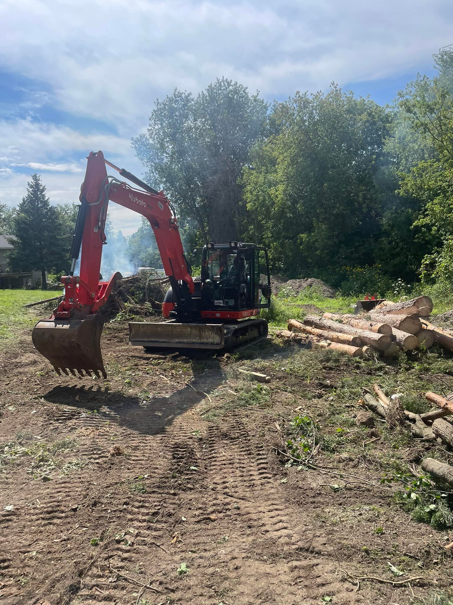 Red excavator digging in dirt, surrounded by logs and trees under a partly cloudy sky.