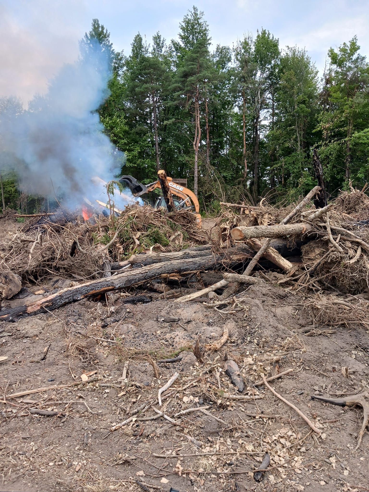 Pile of burning debris in a cleared forest area; smoke rises, excavator visible.
