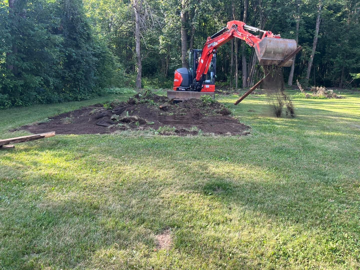 Red excavator digging dirt on a grassy lawn in a wooded area.