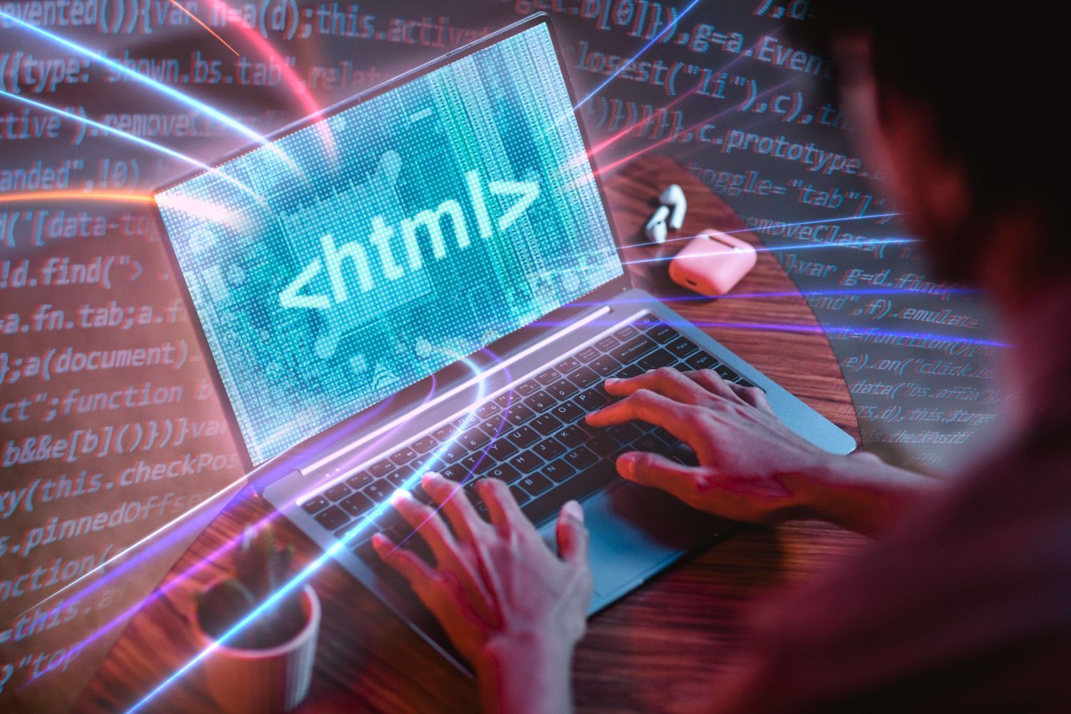 Hands typing on a laptop displaying HTML code, with neon code graphics around it.