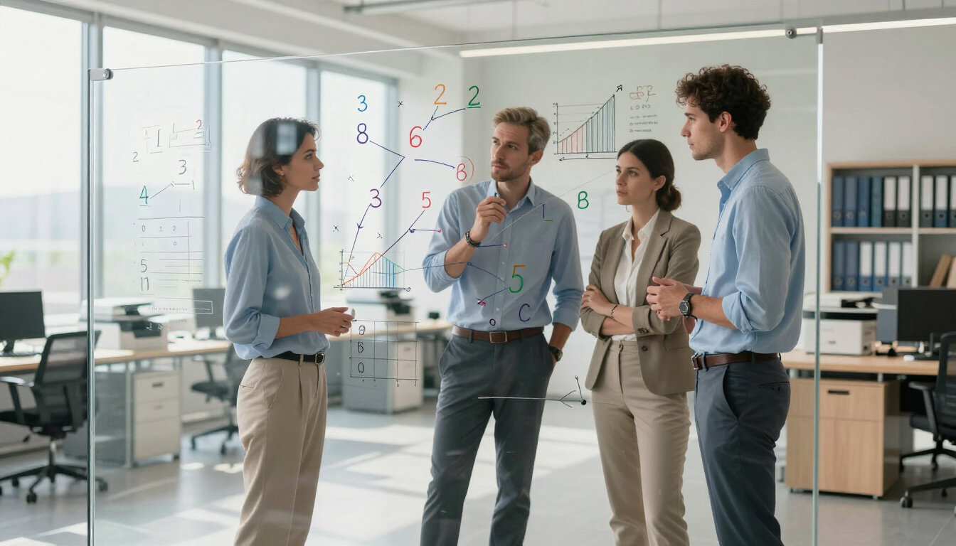 Four coworkers discussing ideas in a bright modern office with glass walls and whiteboards