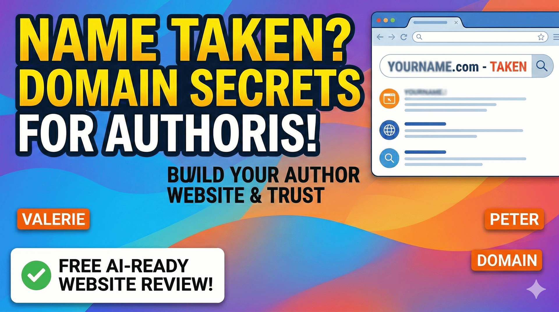 Bright ad for authors: “Name taken? Domain secrets,” with website mockup and “free AI-ready website review” badges