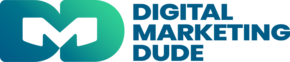 Digital Marketing Dude logo with teal and white “M” icon and blue text on white background