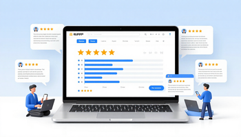 Laptop displaying customer review dashboard with star ratings and blue charts, surrounded by small review cards