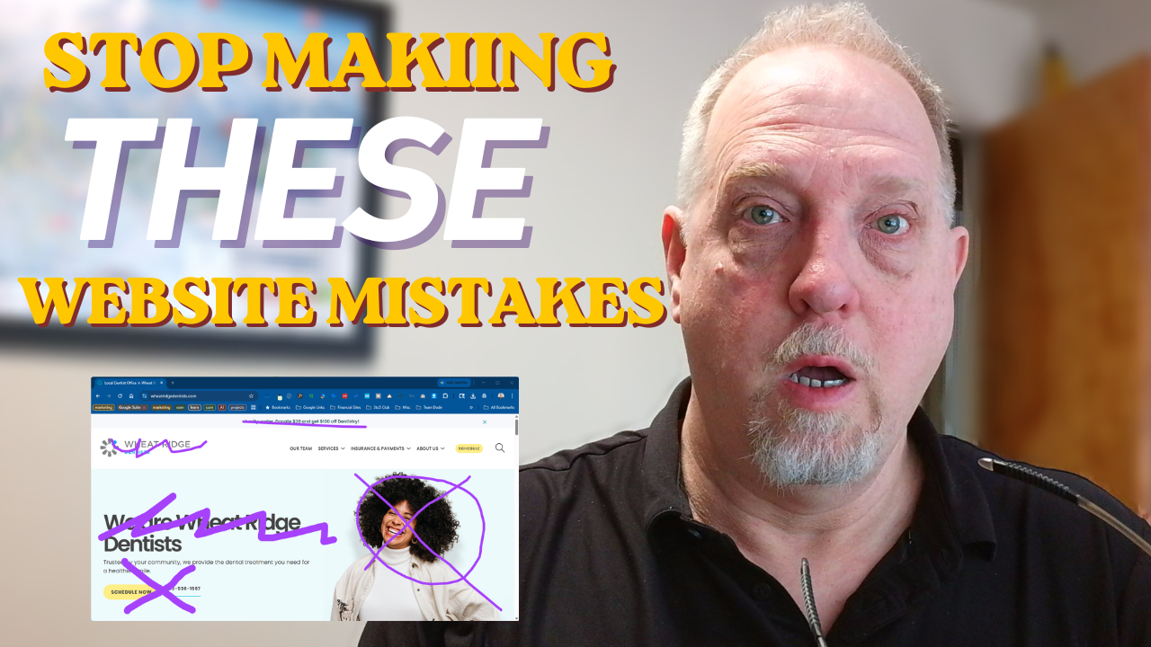 YouTube thumbnail warning “Stop Making These Website Mistakes” with a man and website mockup