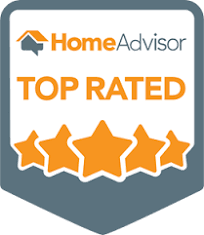 A home advisor top rated badge with five stars.