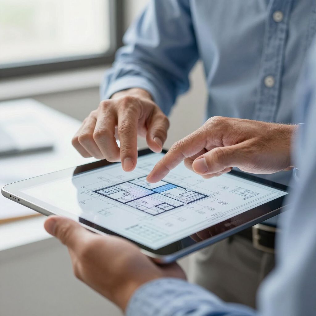 Two people examining a digital architectural floor plan on a tablet.