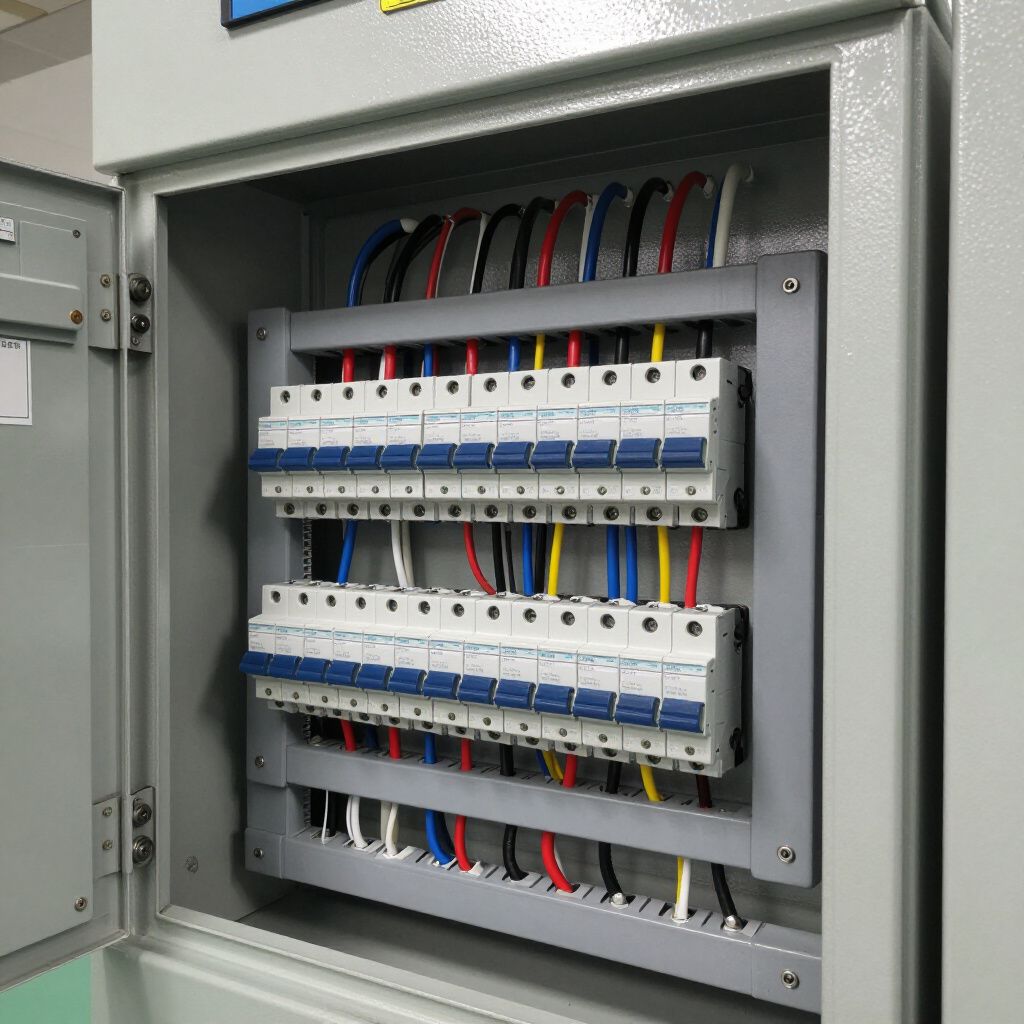Electrical panel with rows of circuit breakers and colored wires inside a metal cabinet.
