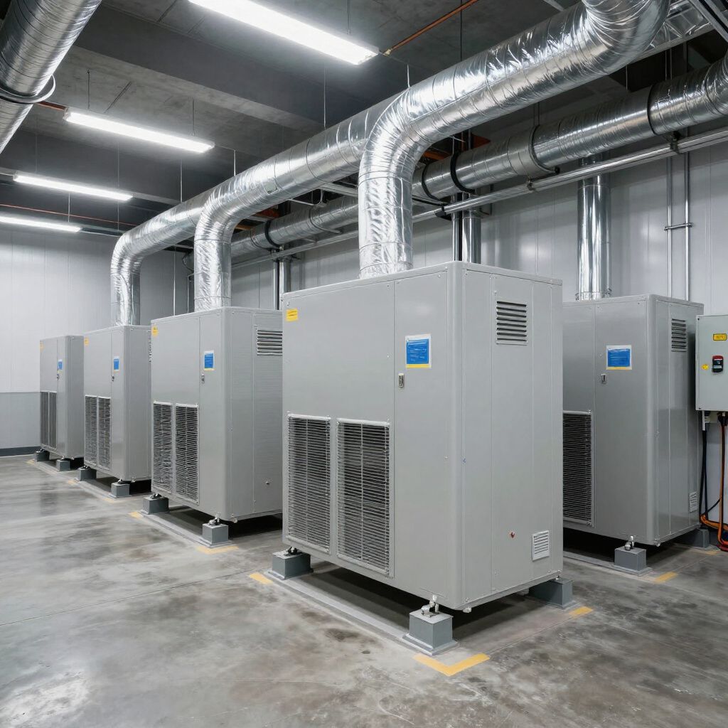Row of industrial air conditioning units in a utility room with silver ducts and fluorescent lighting.