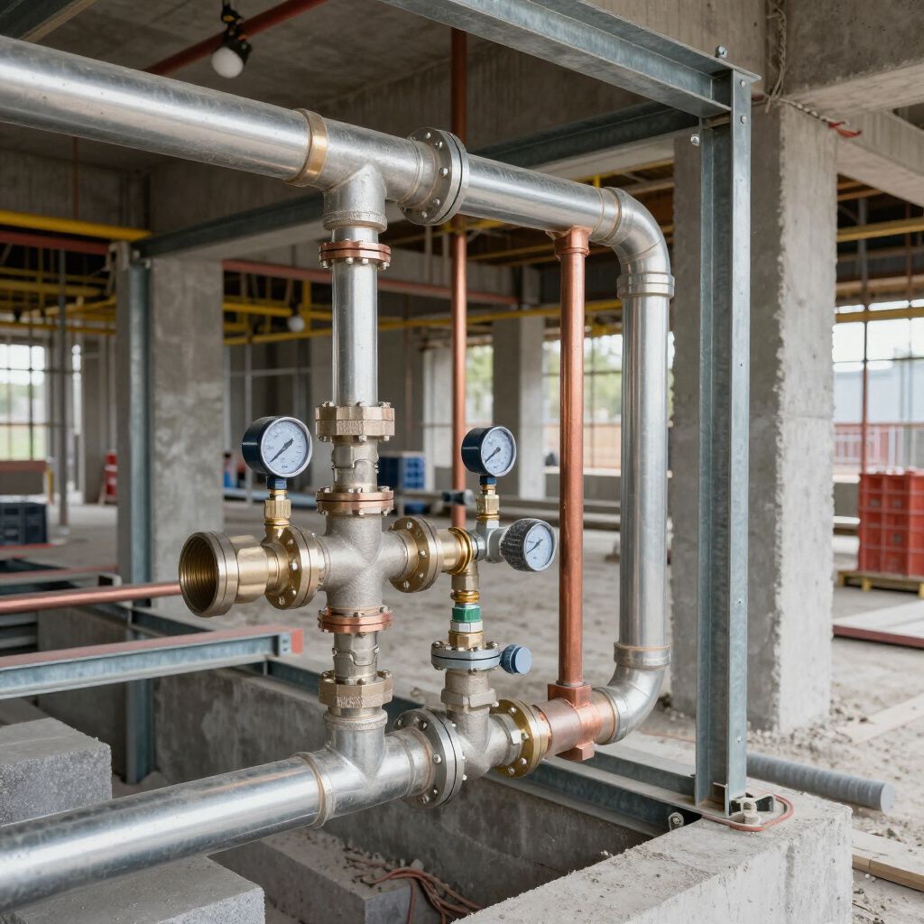 Piping system with pressure gauges and valves installed at a construction site.