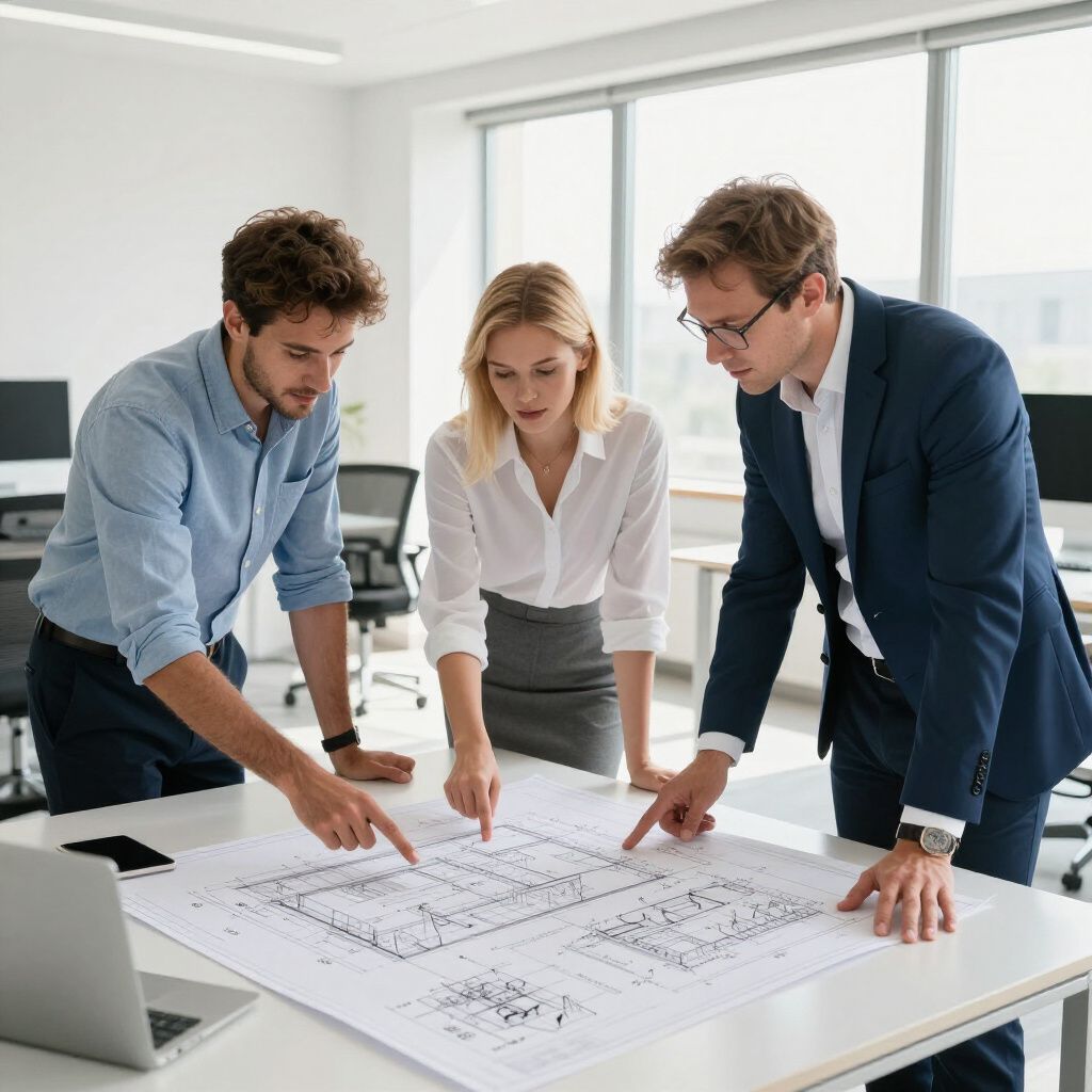 Three people reviewing architectural plans at a table in an office.