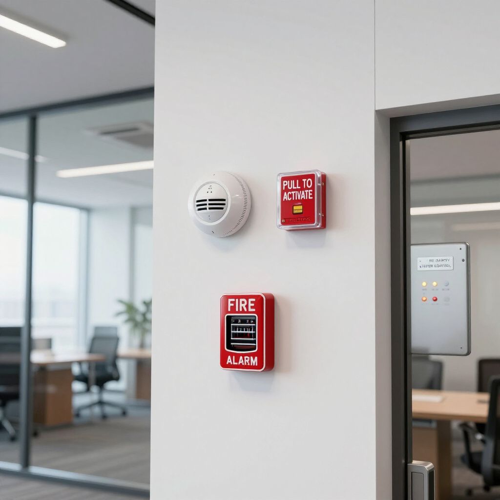 Fire safety equipment in an office: smoke detector, pull station, and fire alarm on a white wall.