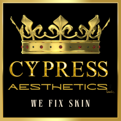 A logo for cypress aesthetics that says we fix skin