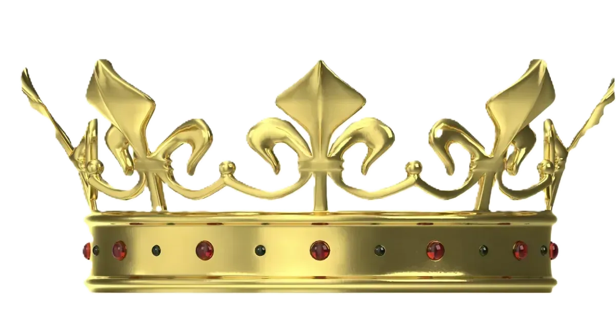 A gold crown with red stones on a white background