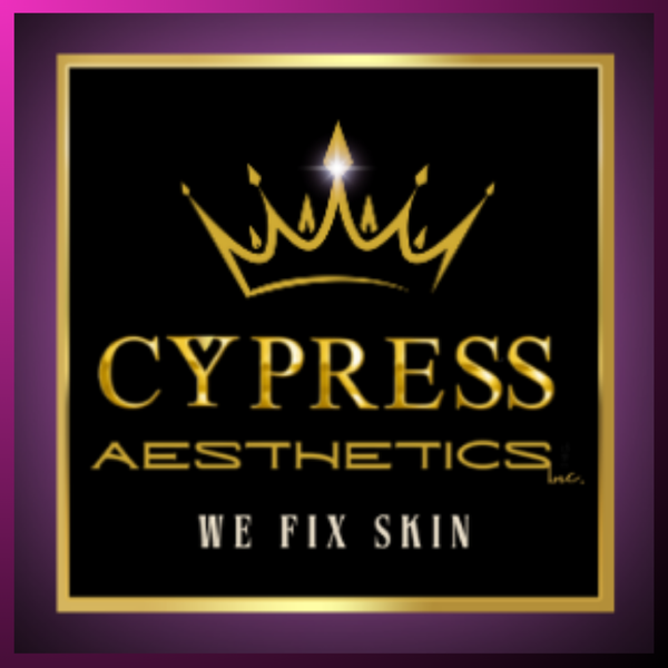 The logo for cypress aesthetics is a gold crown on a black background.