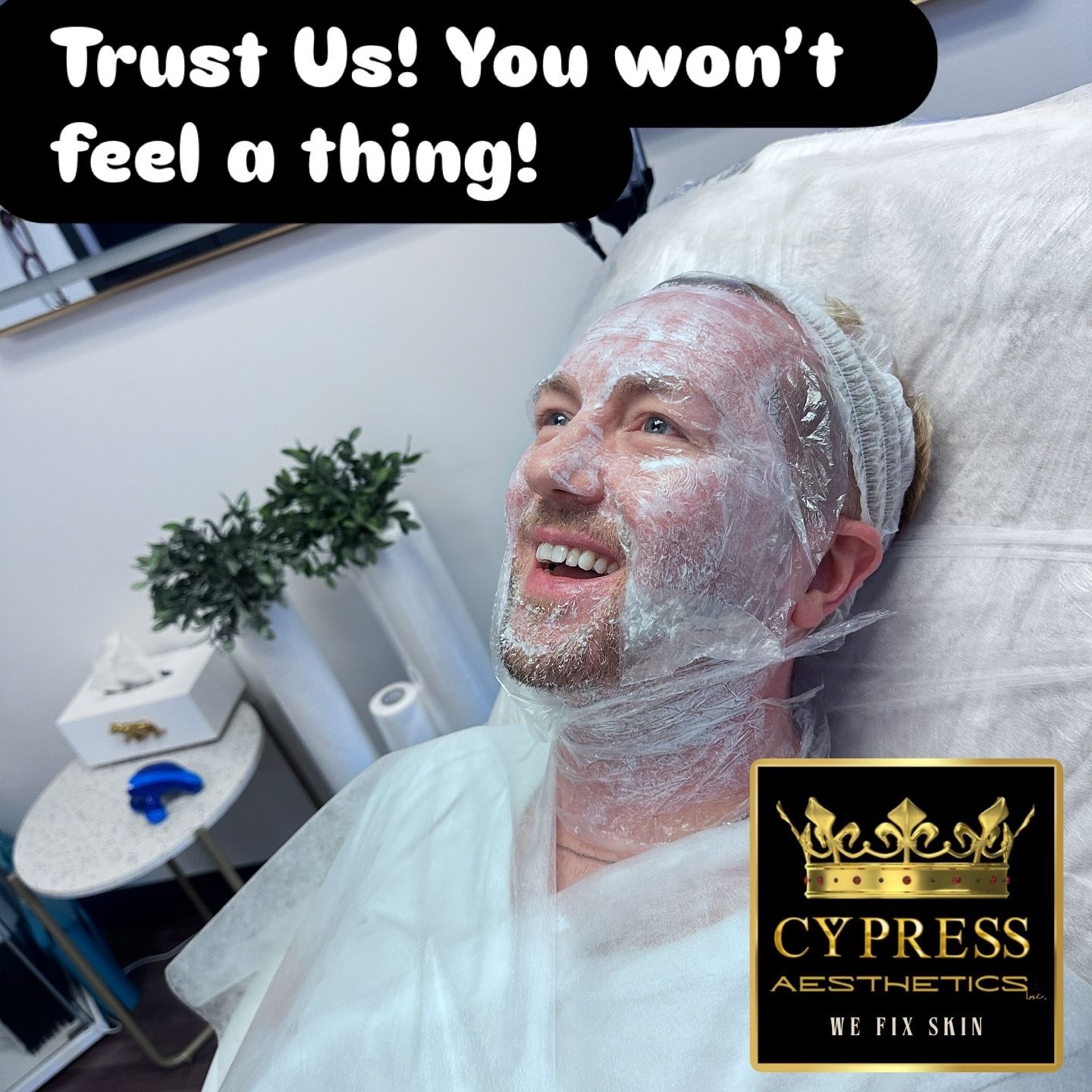 patient with facial numbing on face. pain-free treatments at cypress aesthetics. 