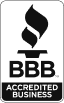 A black and white logo for bbb accredited business.