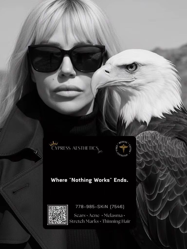 A logo for cypress aesthetics with a eagle and Amanda Anderson, founder. 