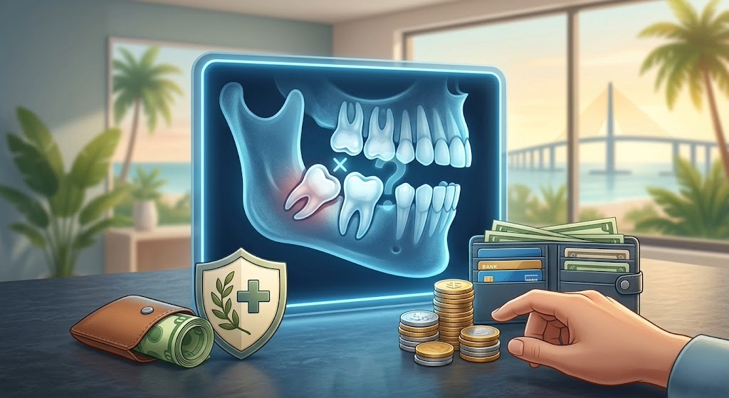 Dental insurance concept with tooth X-ray on screen, shield icon, coins, bills, and hand at desk