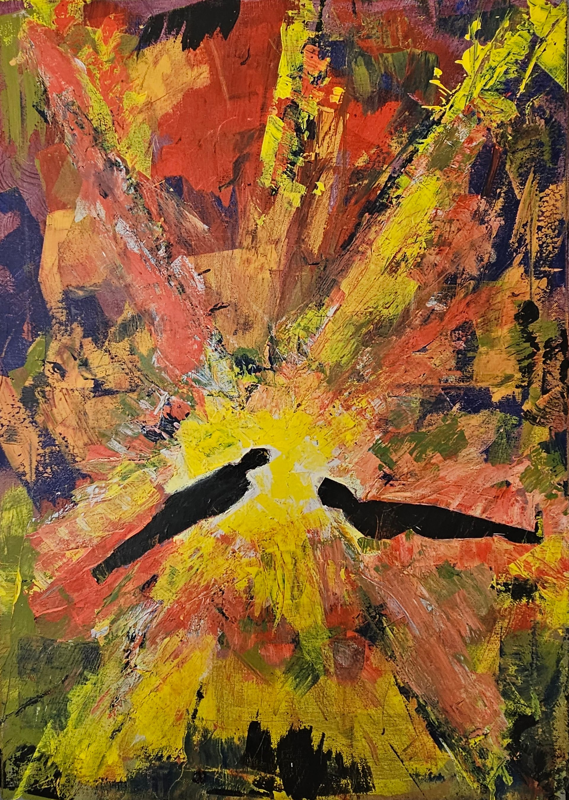 Bunter Spachtelauftrag in dem zwei schwebende Menschen sich der hellsten Stelle in der Mitte nähern.