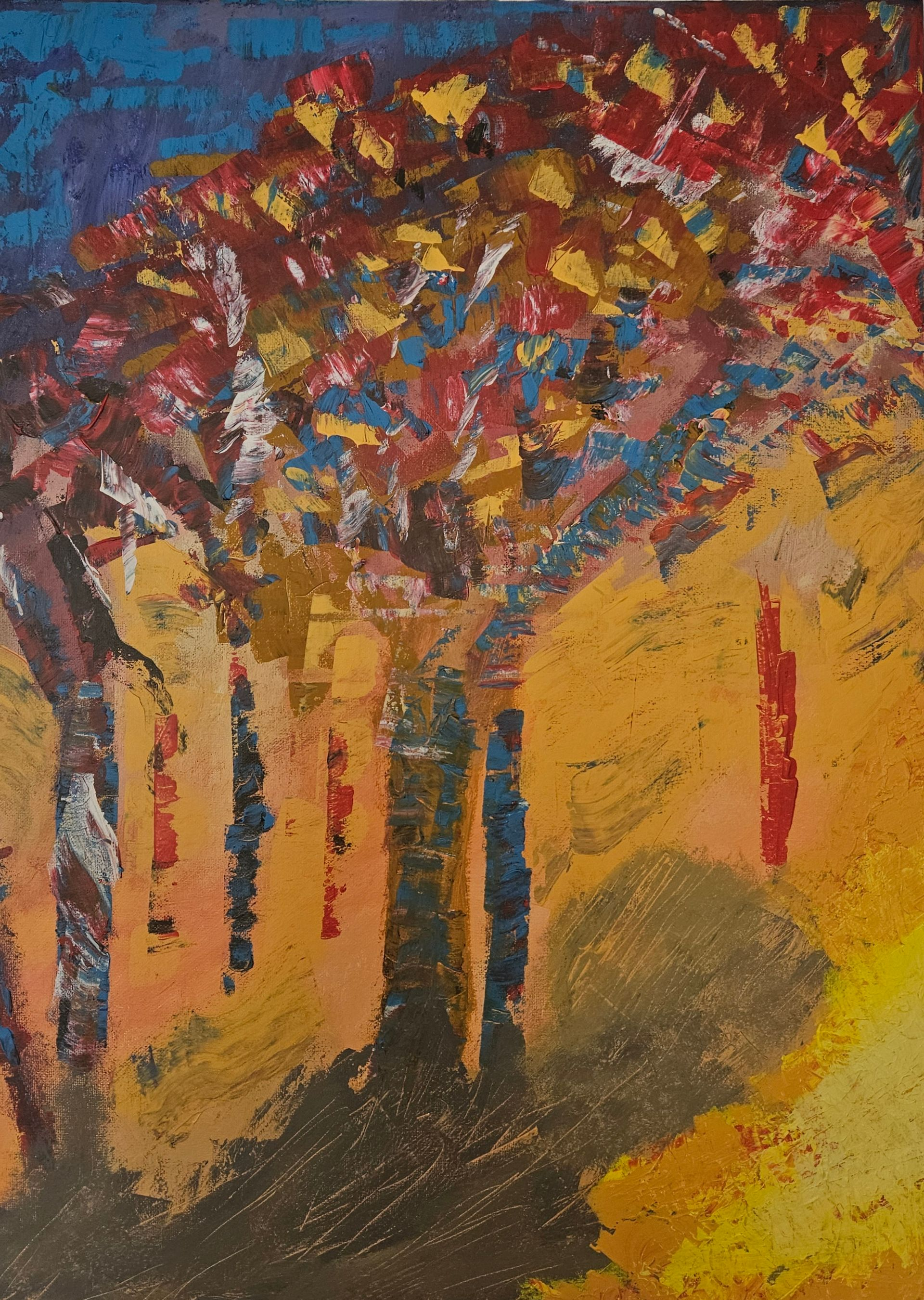 Bunter Spachtelauftrag einer paradiesischen Gartenlandschaft in die ein erster Schatten fällt.