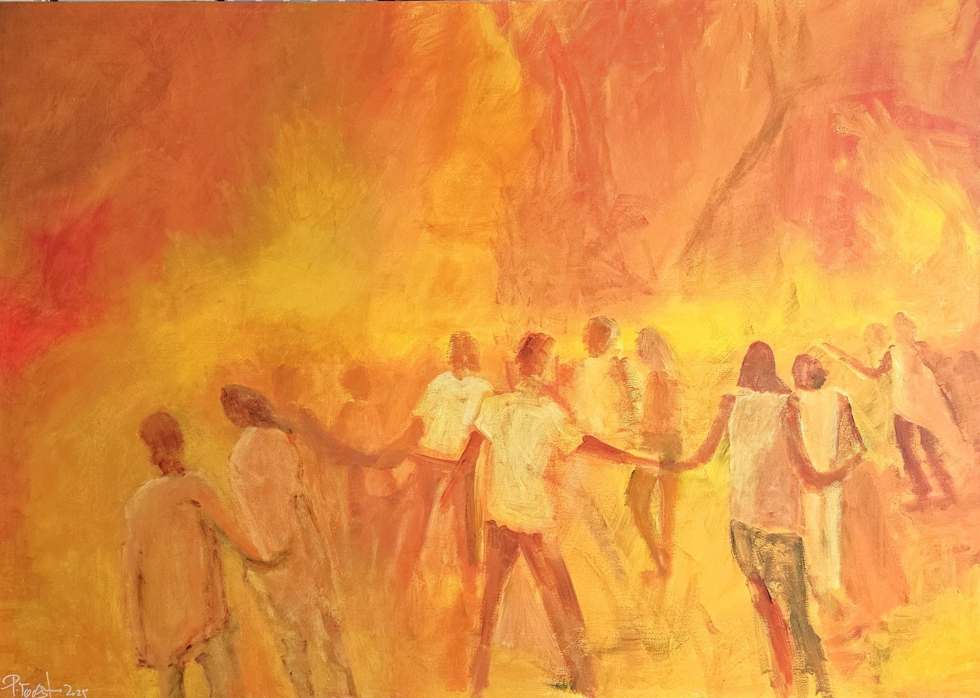 Tanzende, unbekümmerte Menschen vor einer grellen Feuerbrunst im Hintergrund. Nur einige scheinen sorgenvoll